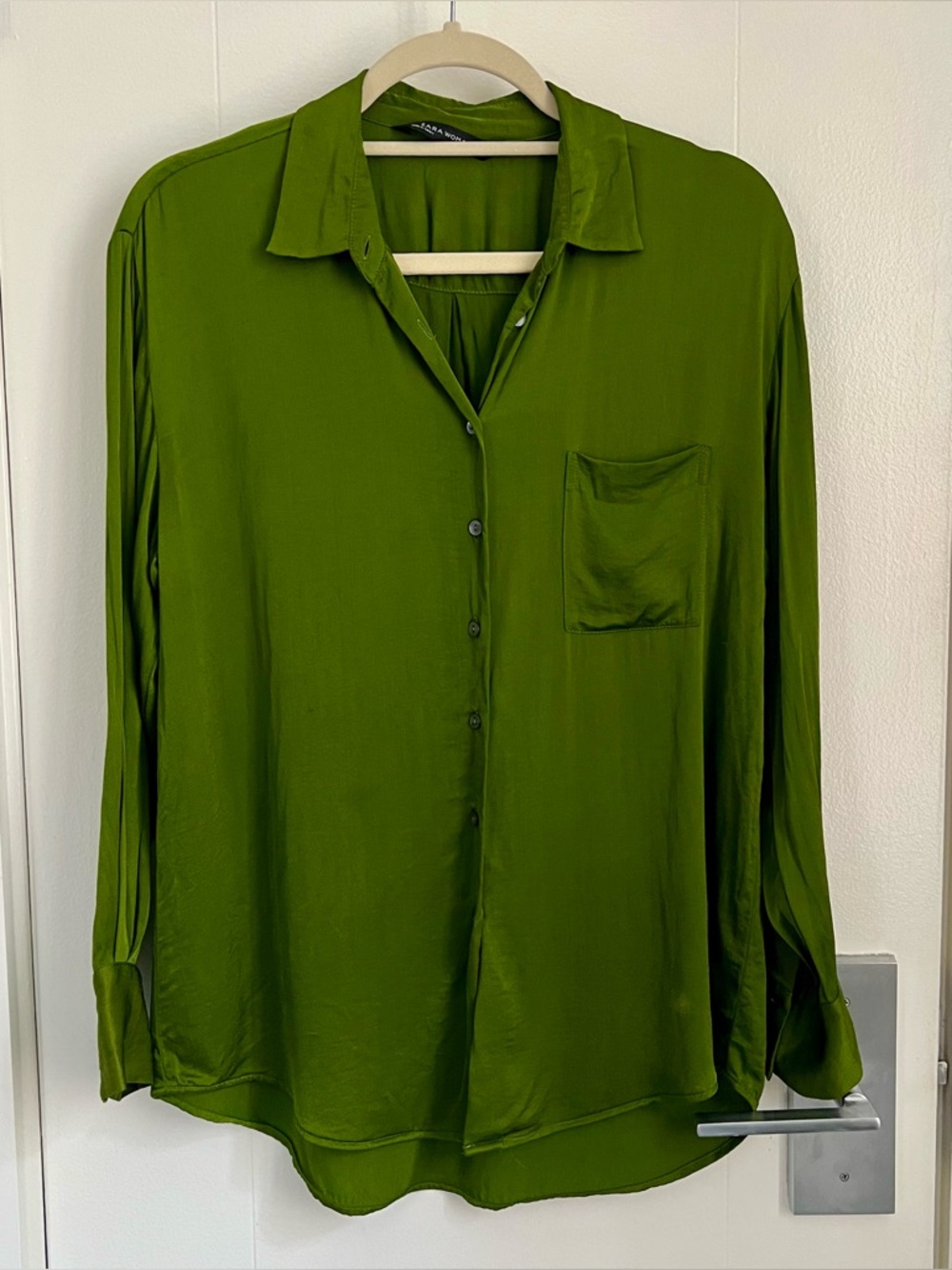 Zara green satin button-down blouse XS